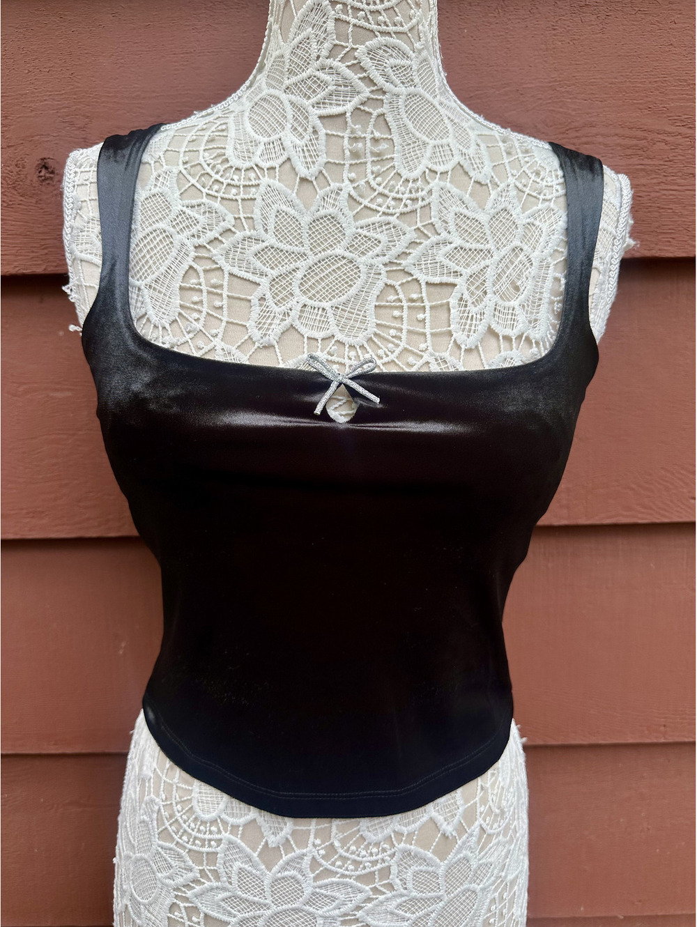 Wild Fable Black Velvet Cropped Tank Top with Silver Bow Y2K Coquette Cottage